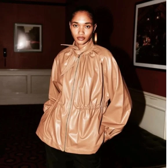 Deveaux New York Ari Camel Brown Vegan Faux Leather Jacket - Picture 1 of 14